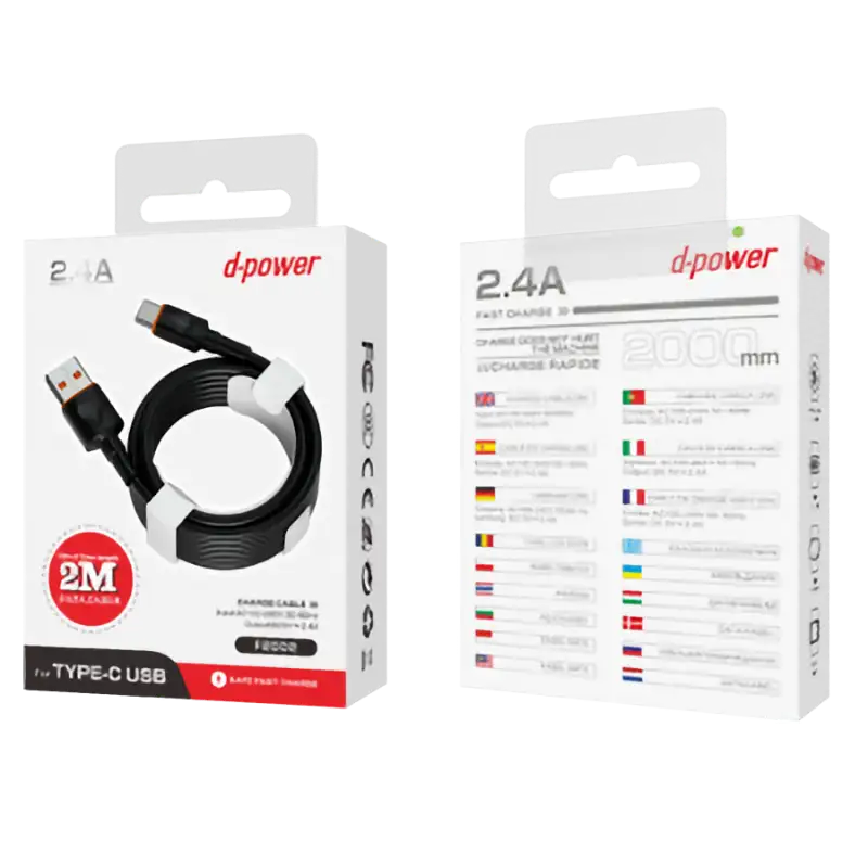 Câble Fast charge 2M USB - Type C 2.4A - F2002