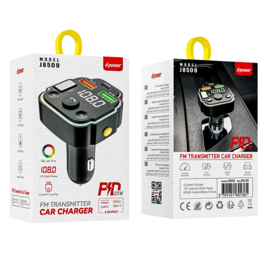 Allume cigare transmetteur FM USB & Type C avec jeu de couleur 2 ports USB & 1 prise Type C 20w