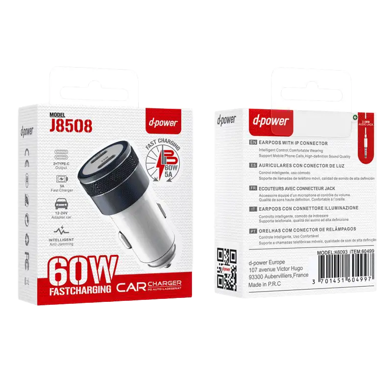Allume cigare Fast charge 60W 2 prises Type C - J8508